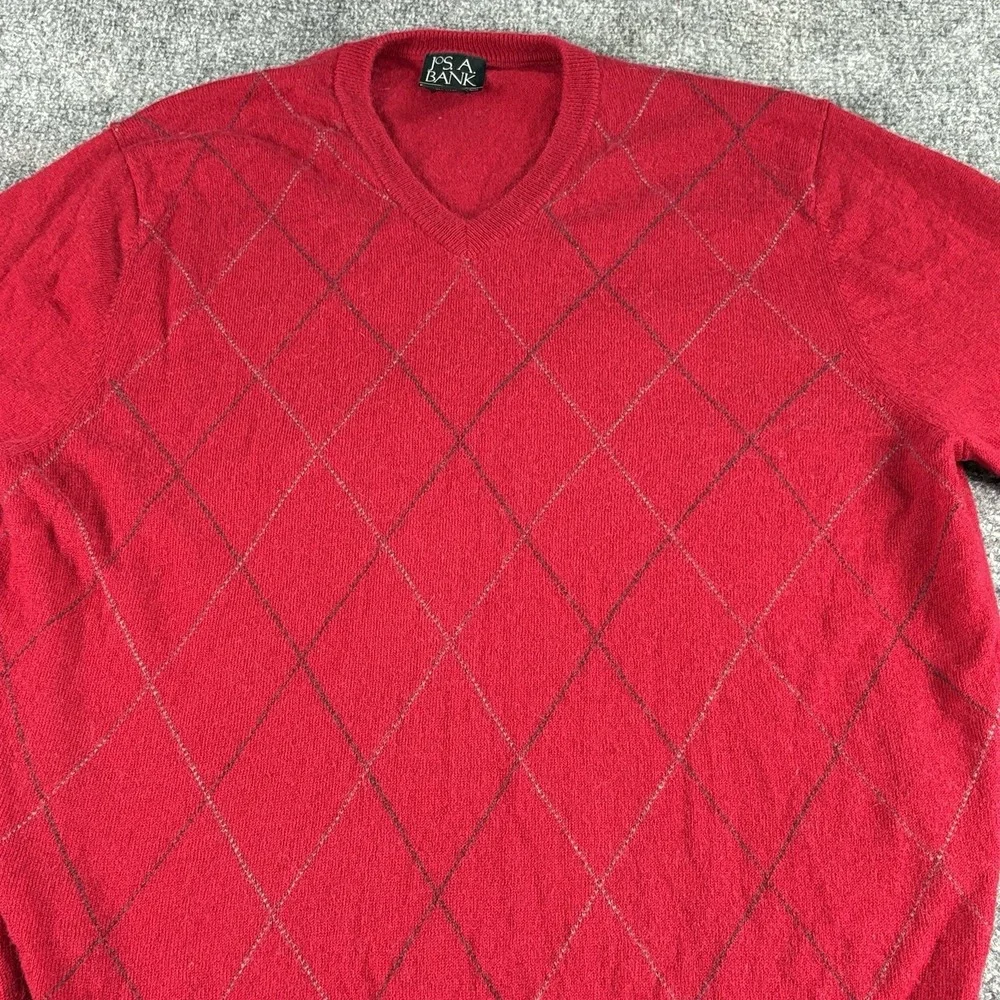 Vintage Y2K Jos A Bank Sweater Men M Red Lambswool Argyle ‎ Preppy Academia Work